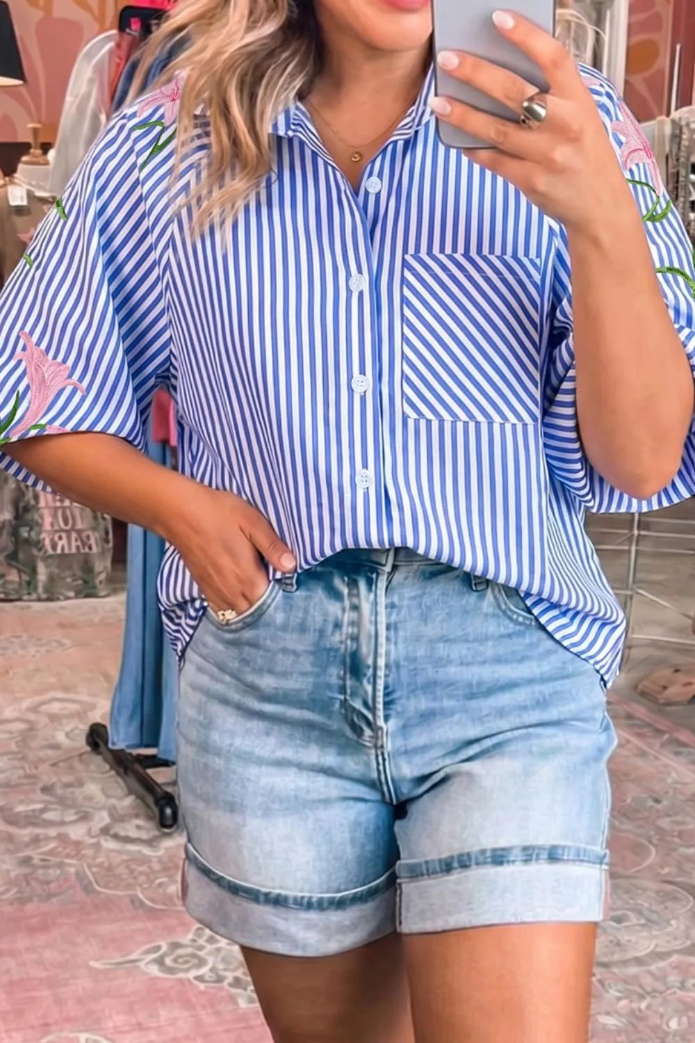 Striped floral-embroidered puff sleeve button-down shirt