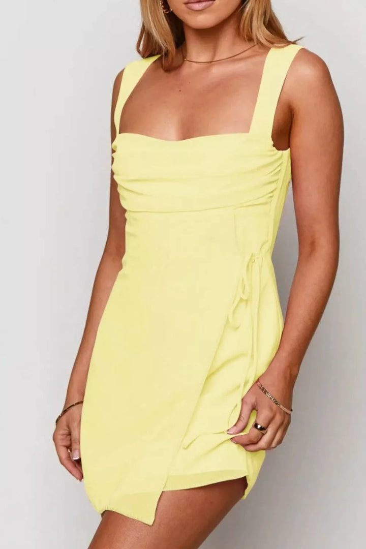 Ruched square neck mini dress with side tie