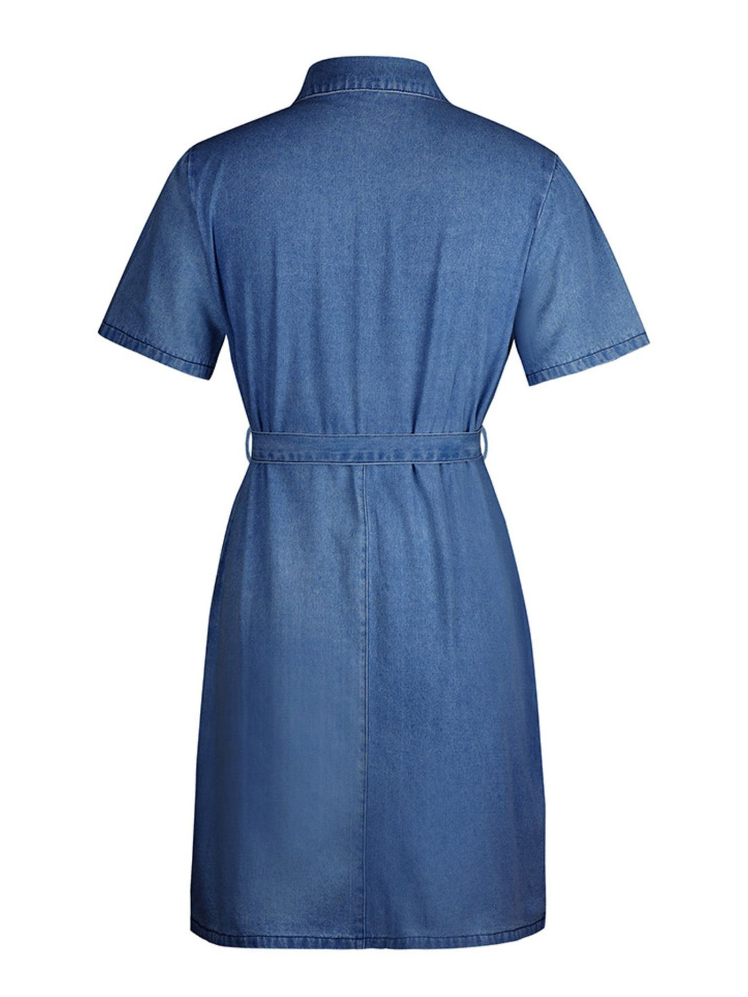 Zip front short sleeve denim mini dress with tie waist