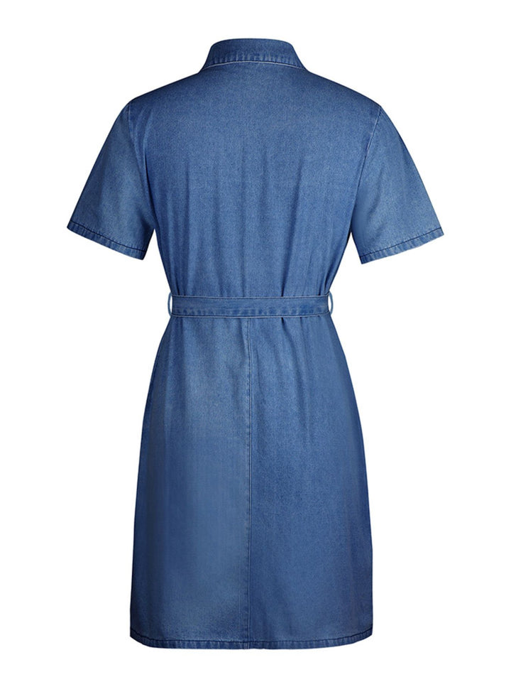 Zip front short sleeve denim mini dress with tie waist