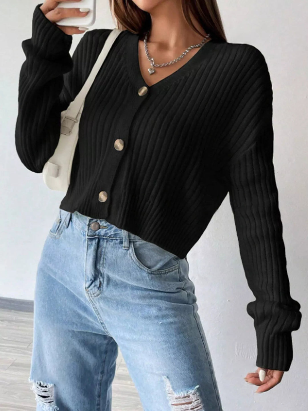 Black Ribbed knit V-neck button-up cardigan with drop shoulders