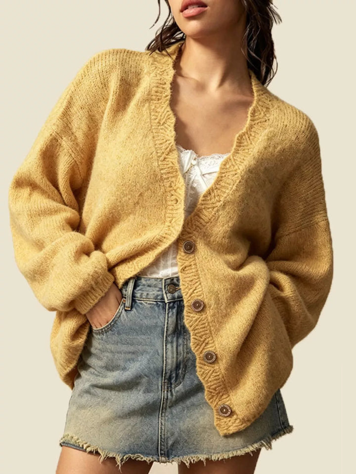 Yellow Oversized V-neck button-down knit cardigan with textured trim