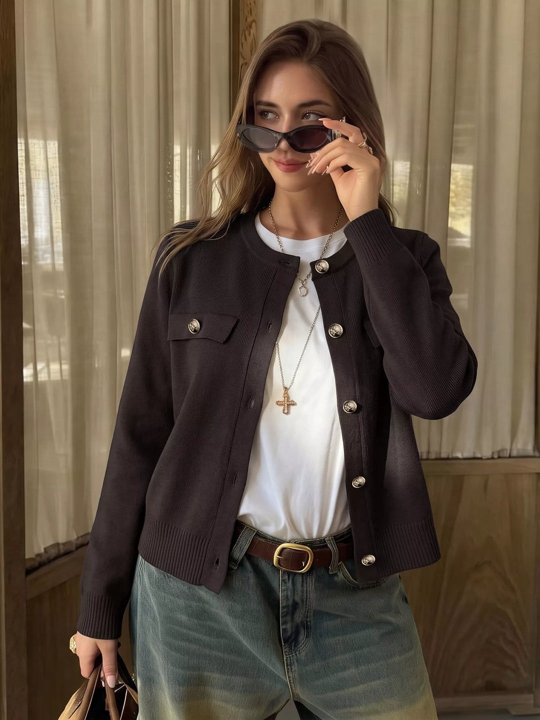 Gold-button knit cardigan with flap chest pockets
