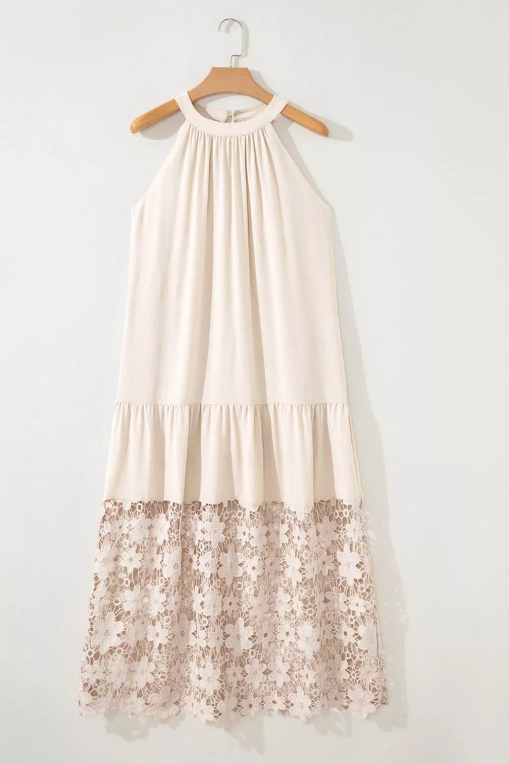 Tiered halter maxi dress with floral lace hem