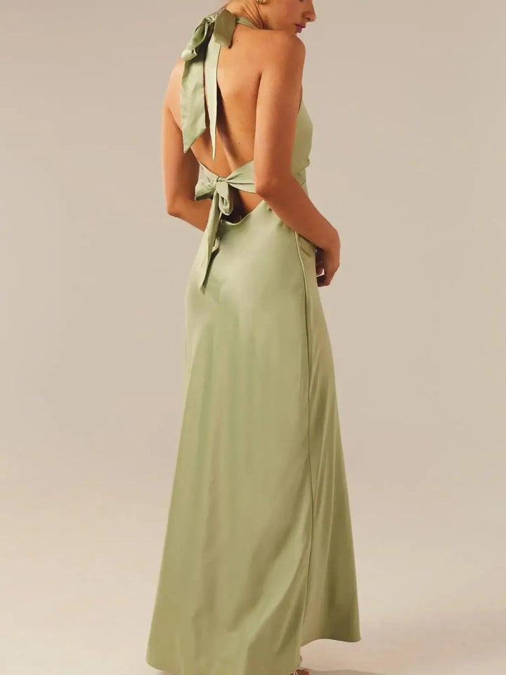Satin halter wrap maxi dress with side tie