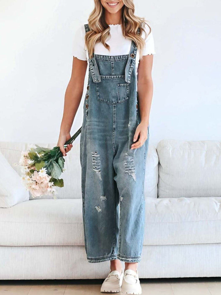 Dark Blue Distressed wide leg denim overalls with adjustable straps