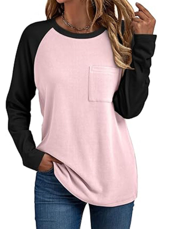 Blush Pink Colorblock raglan long sleeve tee with chest pocket