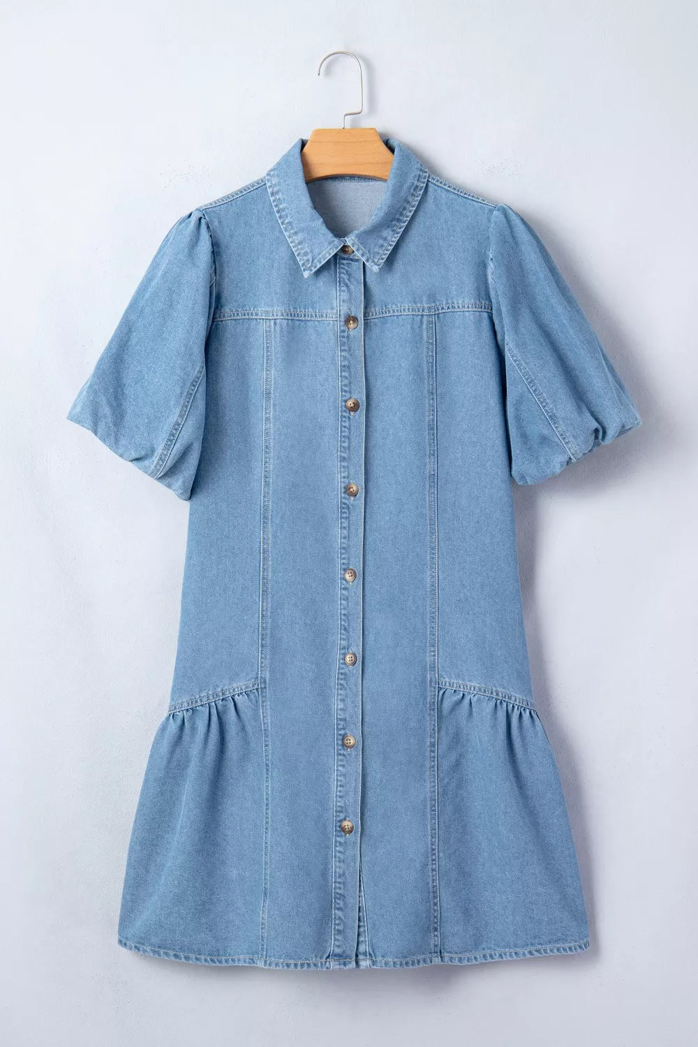 Button-down puff sleeve denim mini dress with ruffle hem