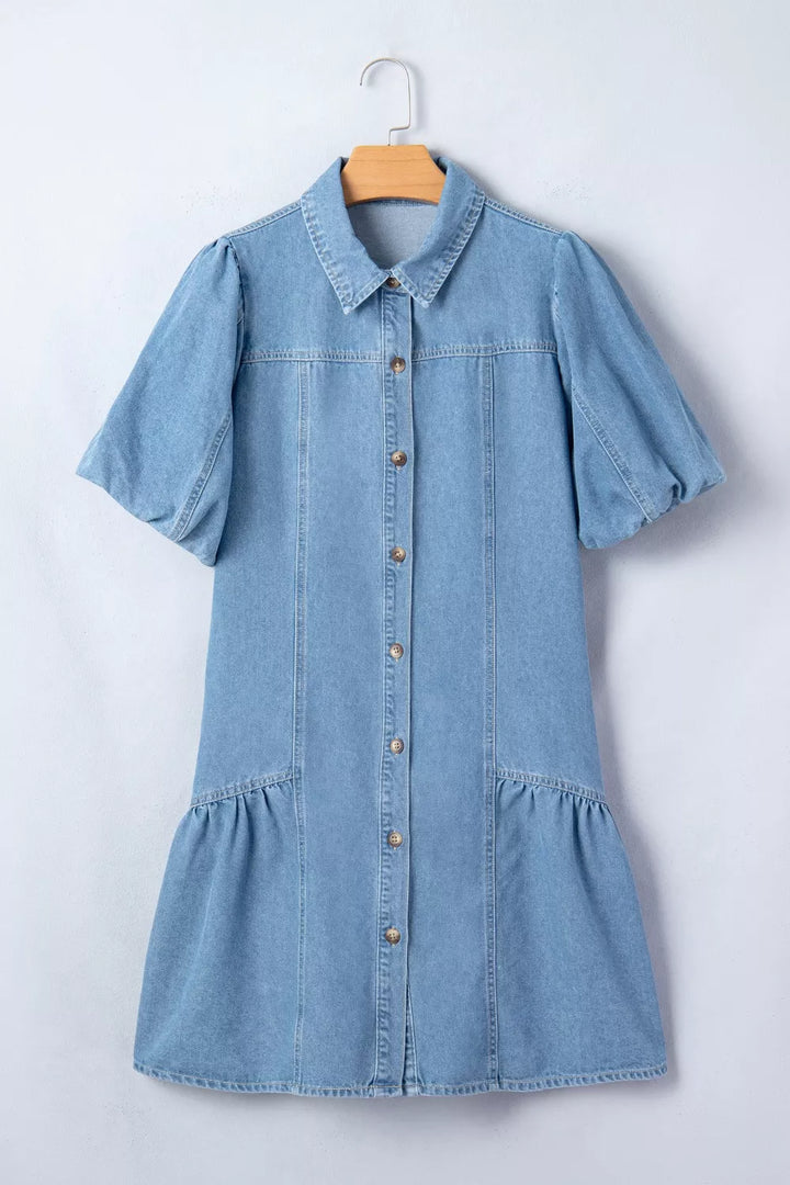 Button-down puff sleeve denim mini dress with ruffle hem