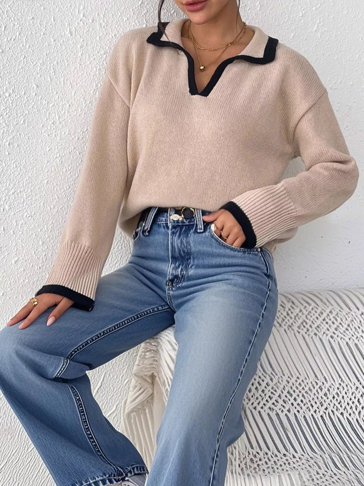 Contrast trim polo collar knit pullover sweater