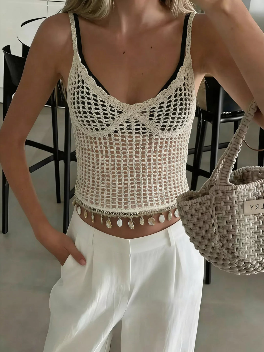 Openwork crochet cami with shell-trim hem