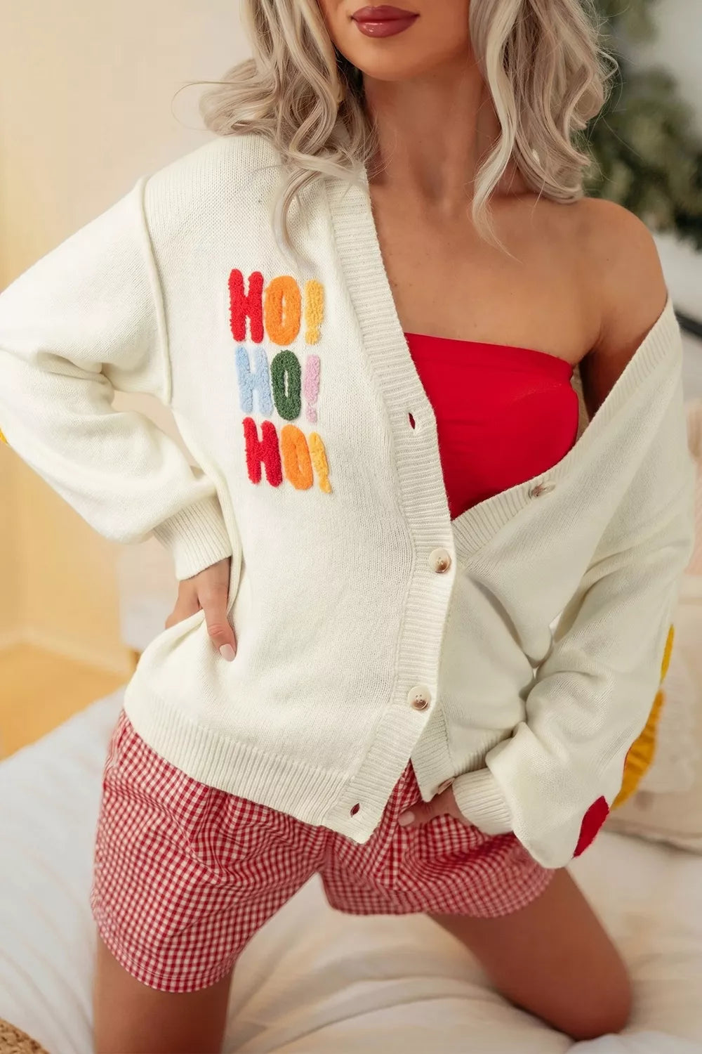 Cream Ho Ho Ho chenille letter button-up knit cardigan