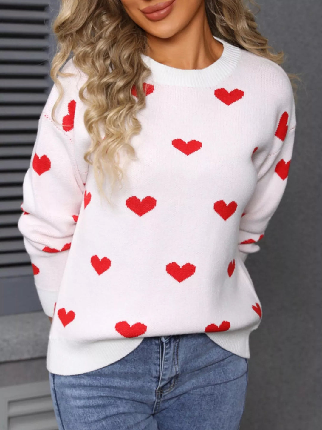 Heart pattern dropped shoulder crew neck sweater