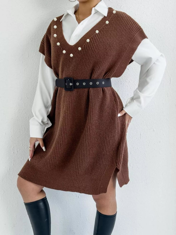 Pearl-trim V-neck ribbed sweater dress with side slits