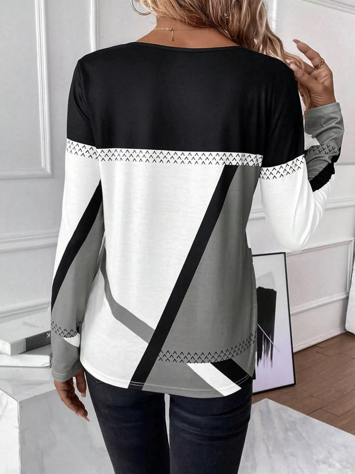 Geometric color block long sleeve crew neck top