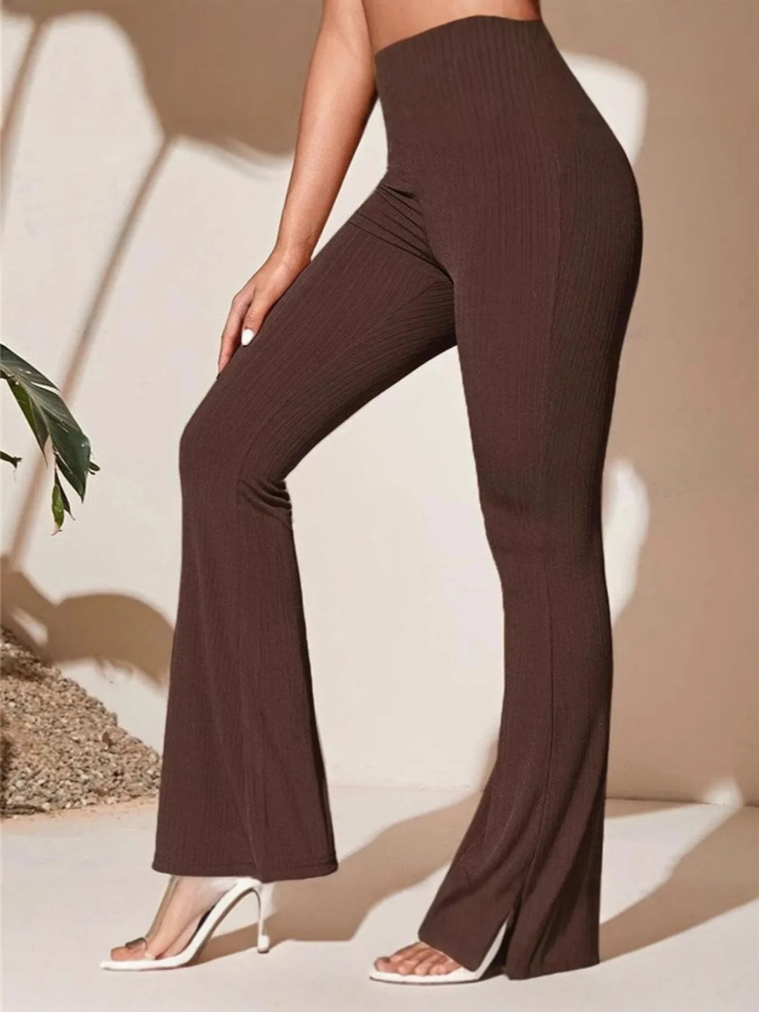 Brown Ribbed knit high-waist flare pants with stretch