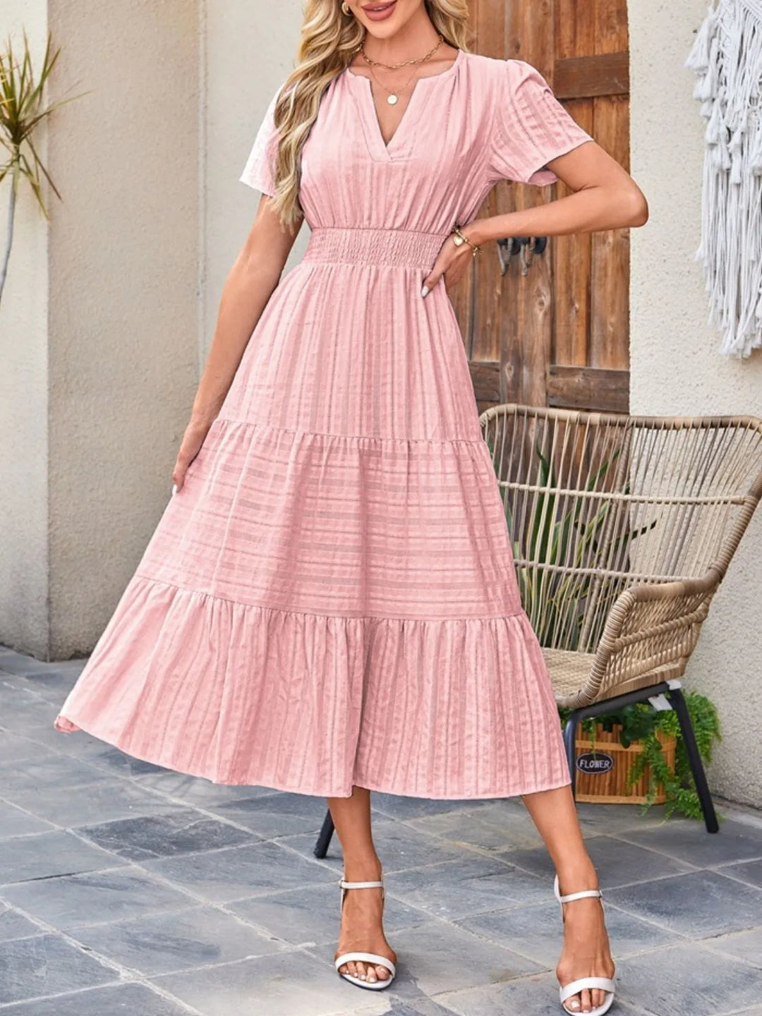 Tiered notched neck short sleeve midi dress with pockets