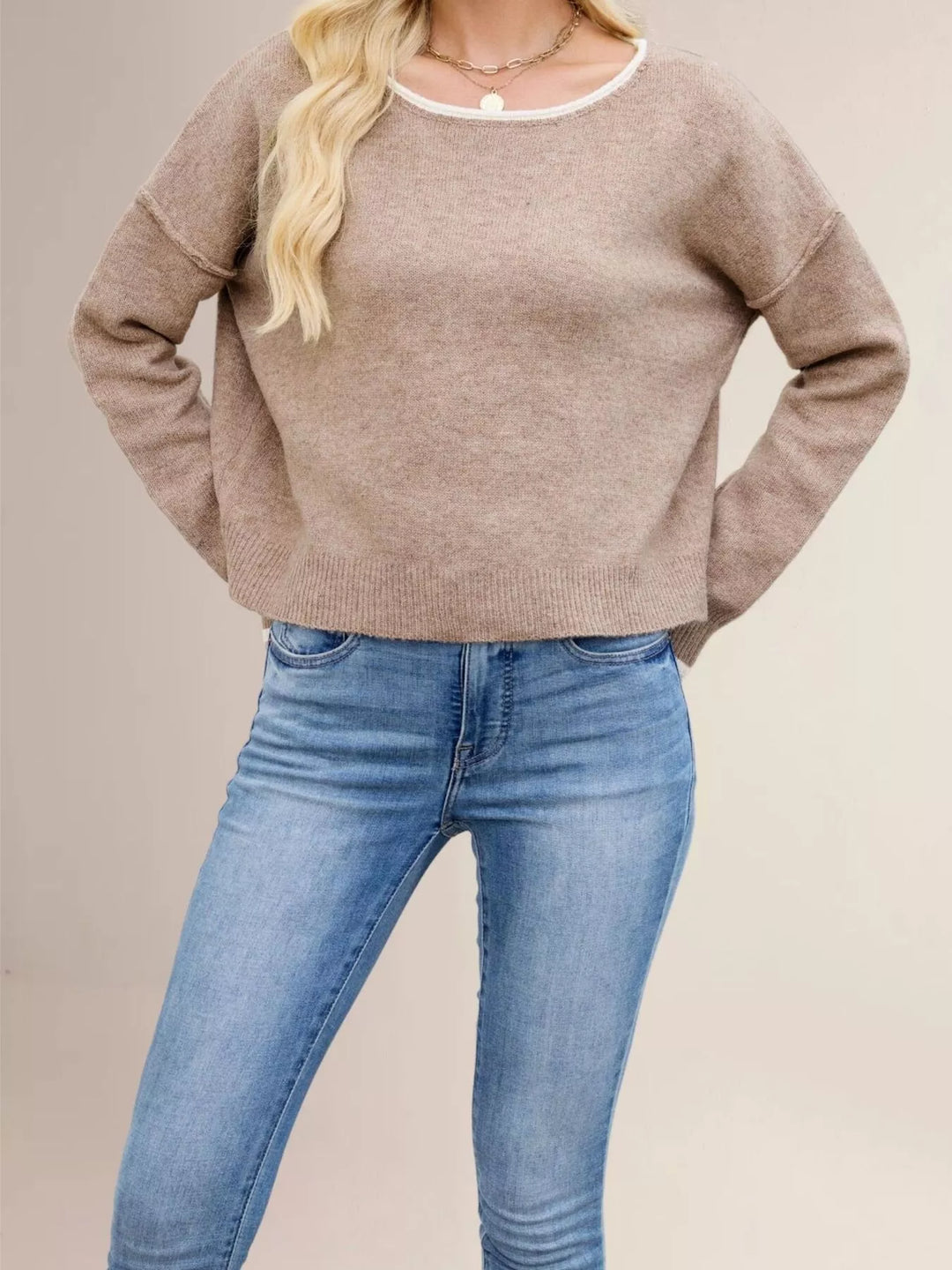 Contrast trim drop shoulder knit sweater with ribbed hem