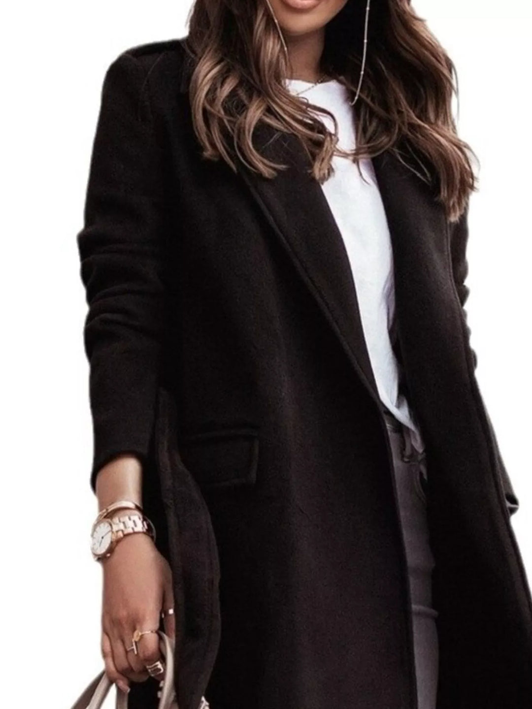 Tie-waist longline coat with notched lapels and pockets