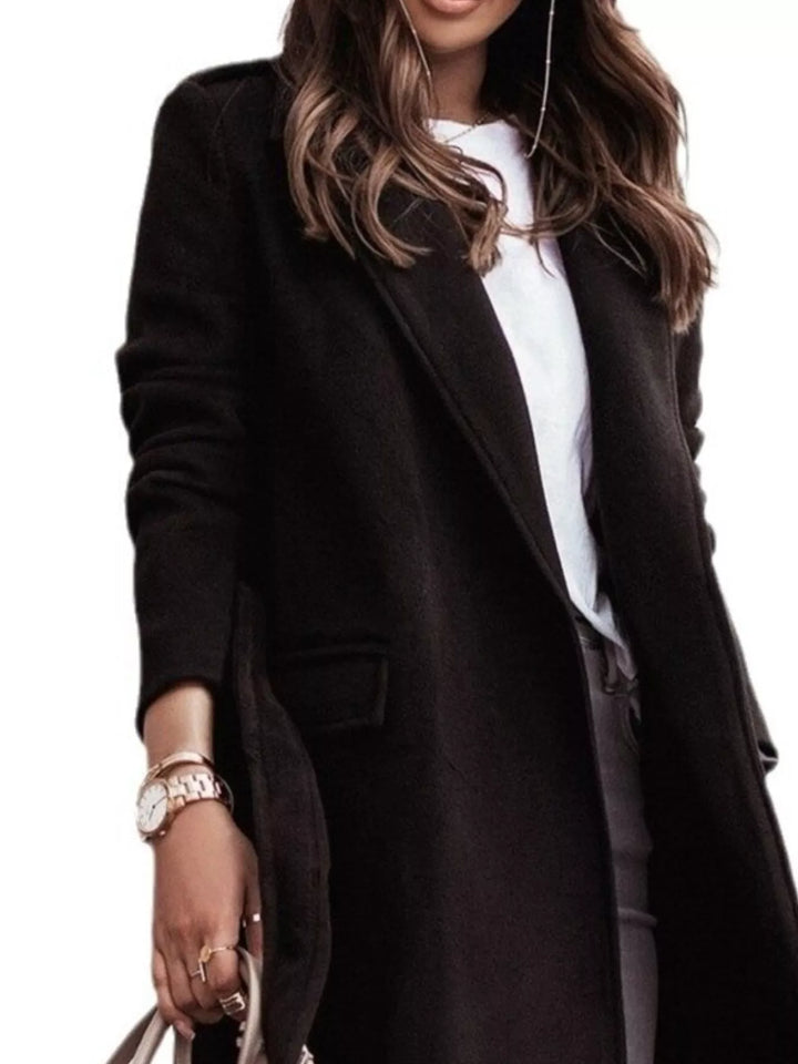 Tie-waist longline coat with notched lapels and pockets