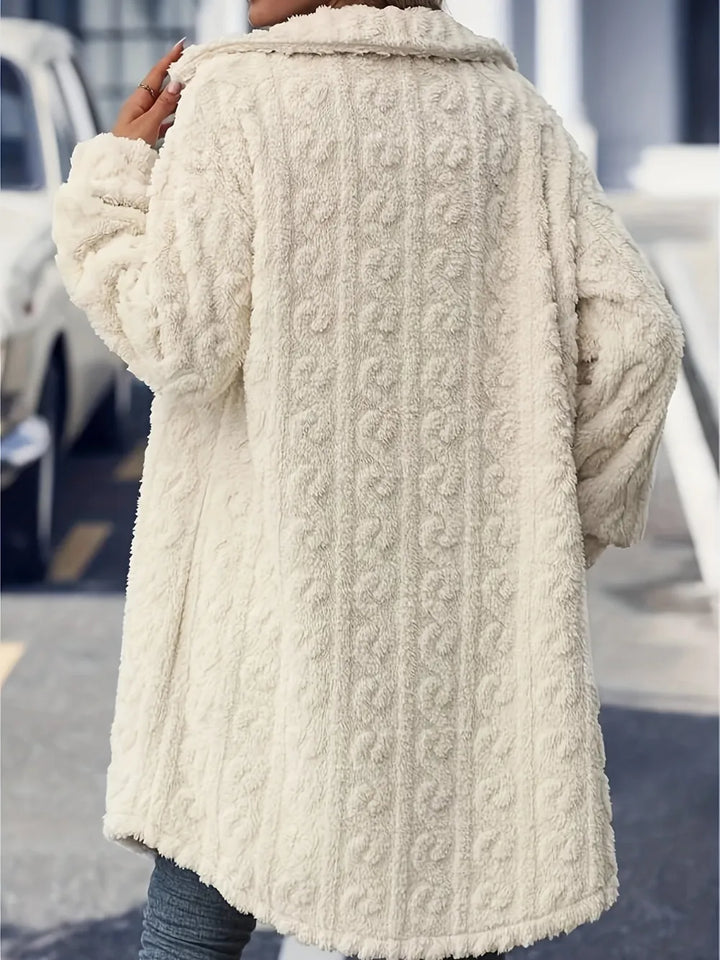 Fuzzy textured fleece longline button-up coat