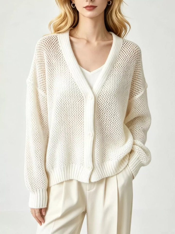 Open-knit V-neck button-front cardigan with ribbed trim