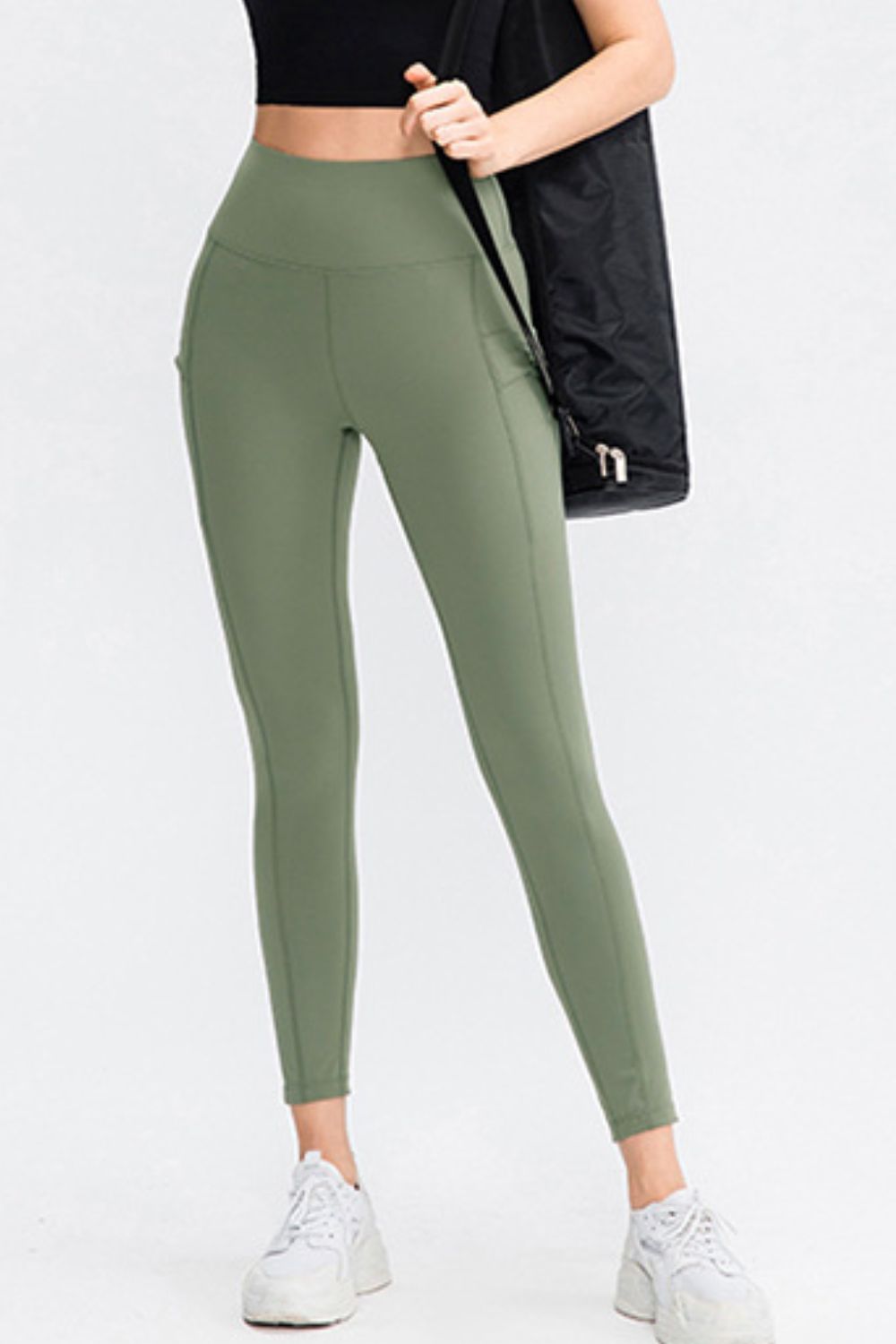 Sage Wide waistband high-rise leggings with side phone pocket