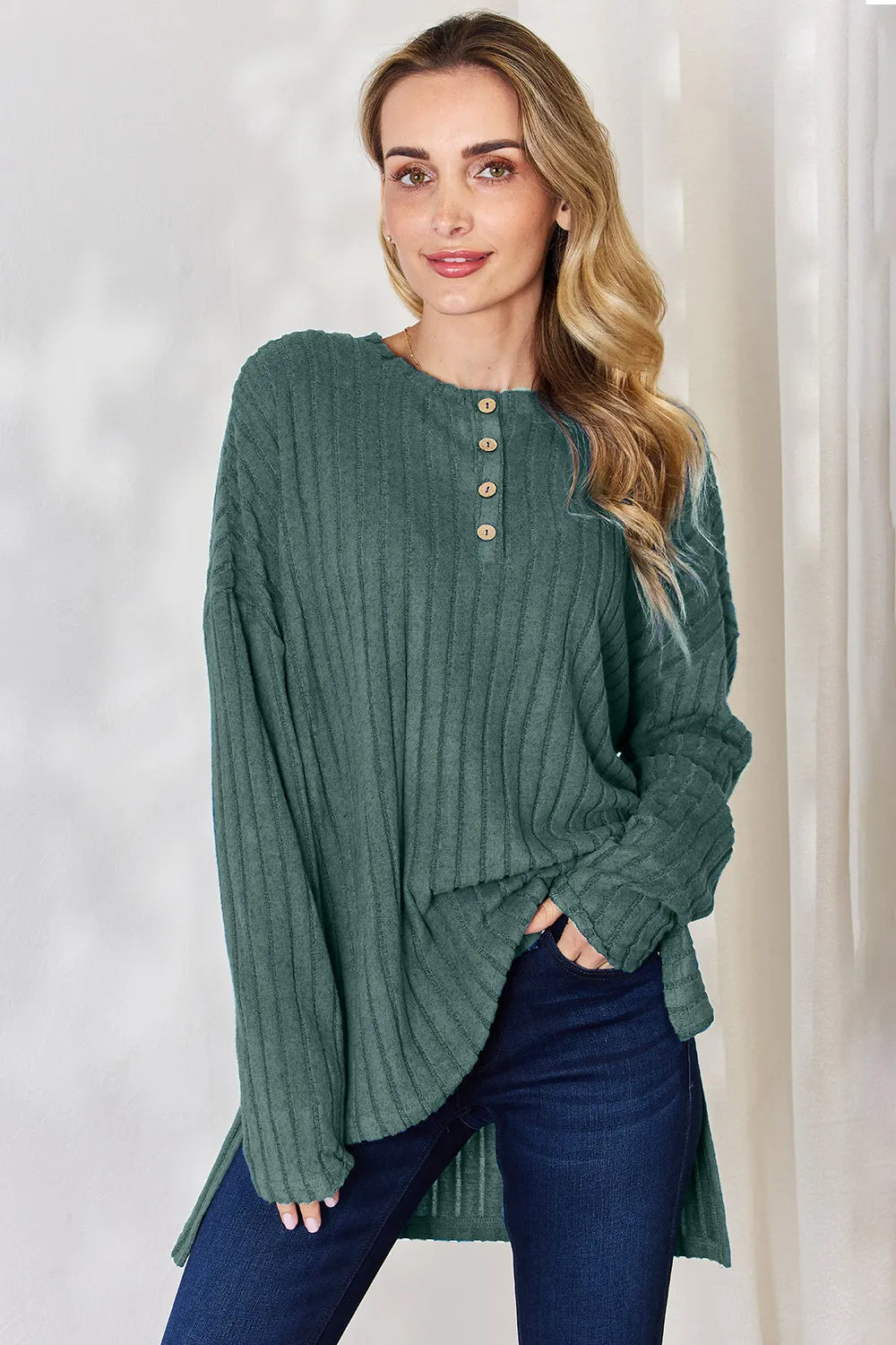 Army Green Ribbed knit half-button long sleeve high-low top