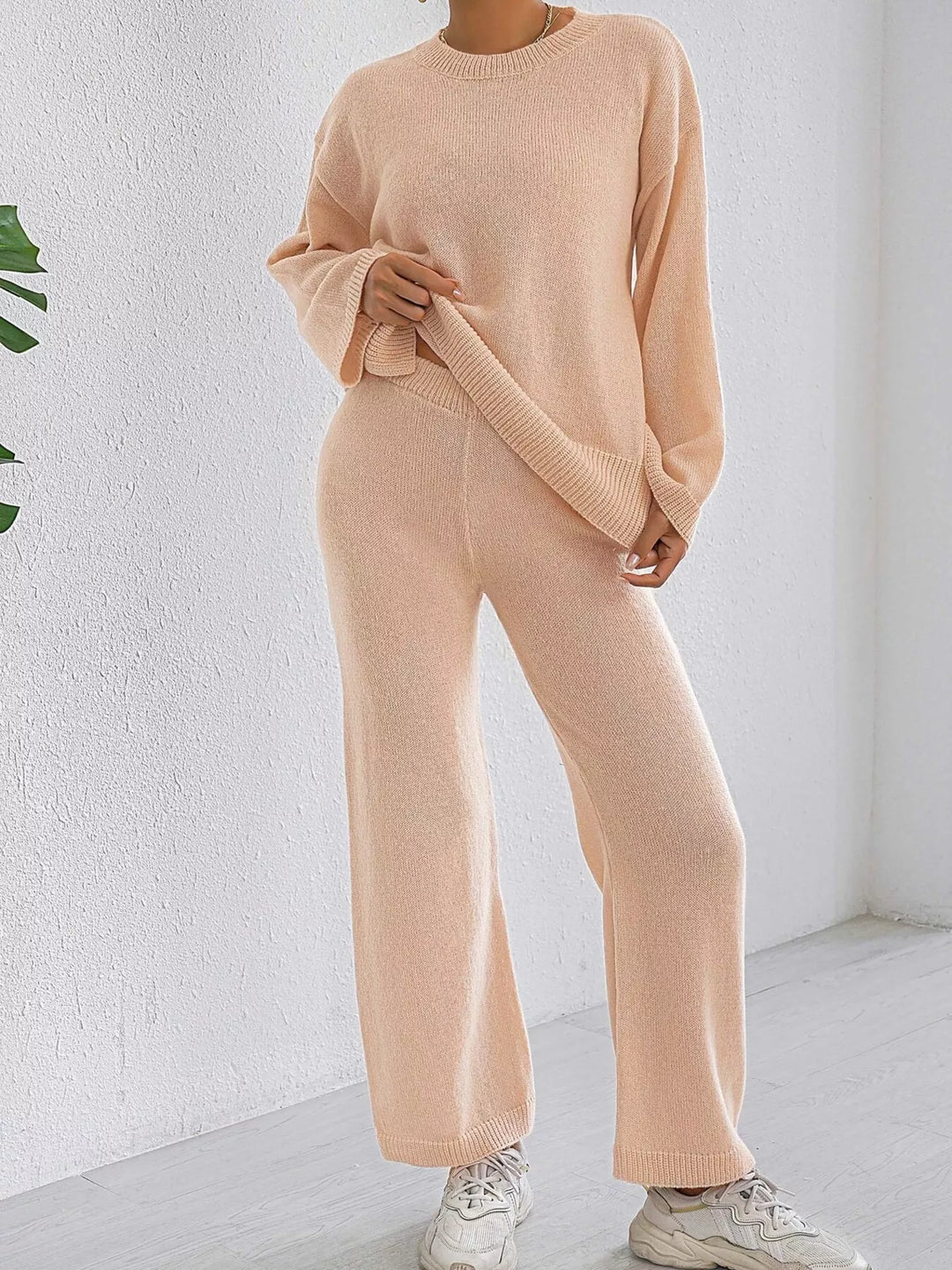 Drop shoulder knit sweater and wide leg pants set