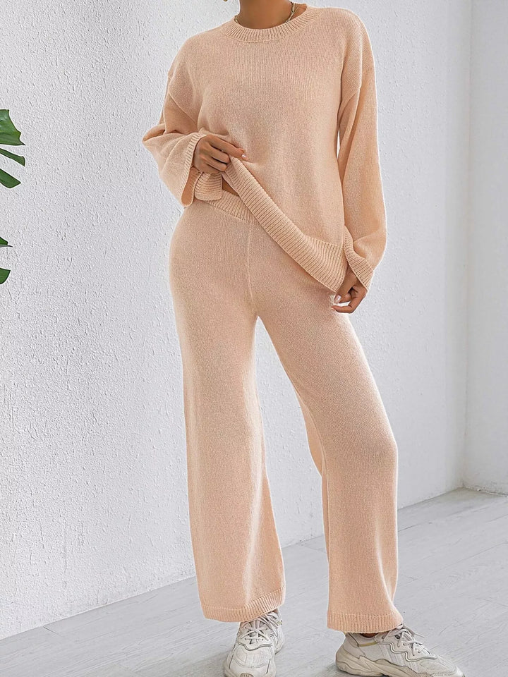 Drop shoulder knit sweater and wide leg pants set
