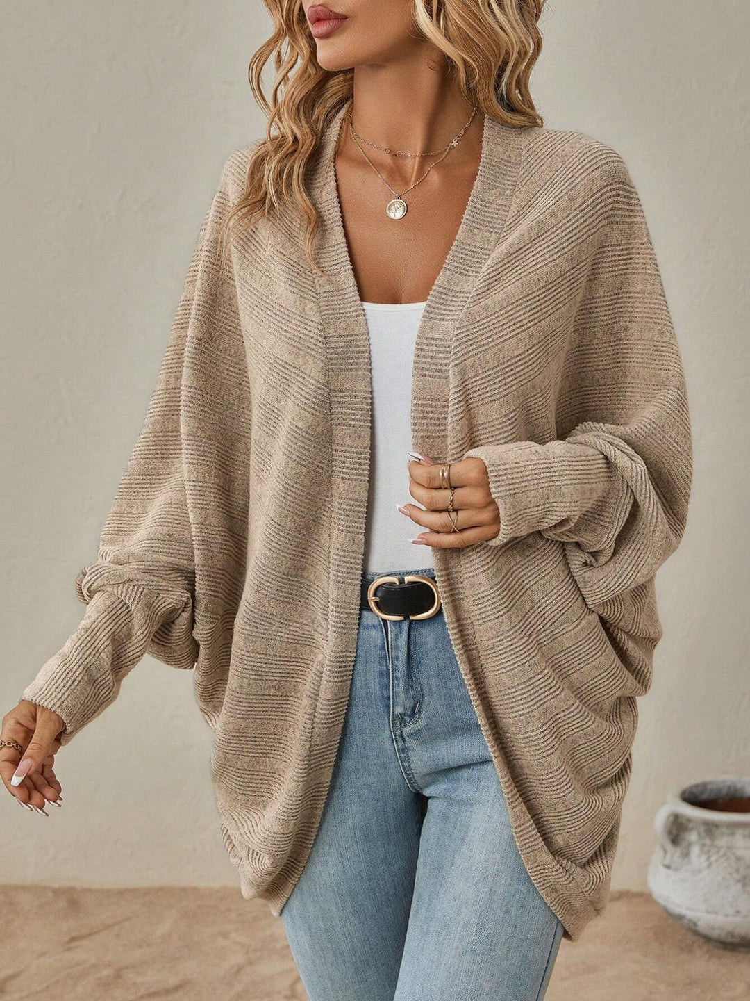 Ribbed open-front batwing sleeve cardigan