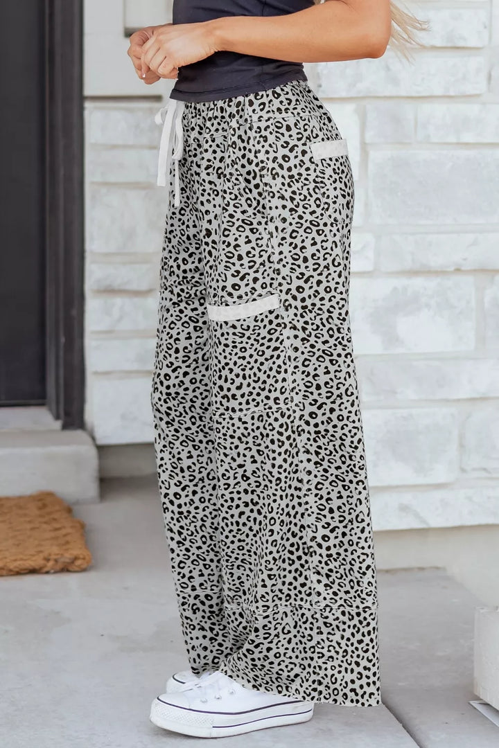 Leopard print wide-leg terry knit lounge pants