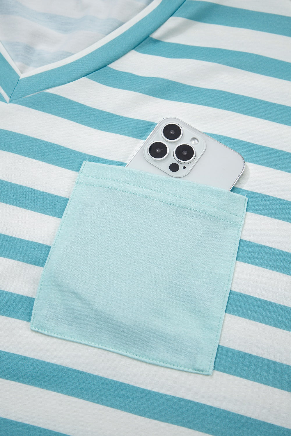 Striped V-neck tee with chest patch pocket