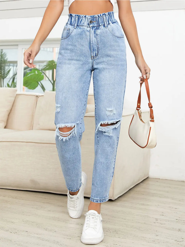 Light Blue Paperbag waist distressed high-rise jeans