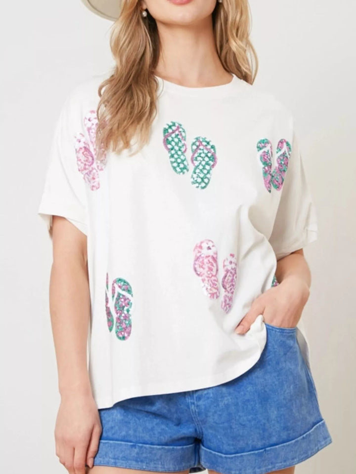 White Scattered sequin flip-flop graphic short sleeve tee