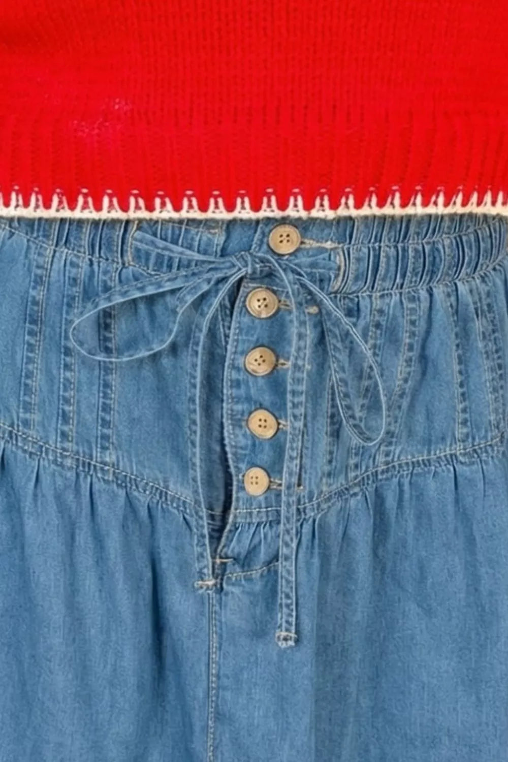 Tie-waist button-front denim mini skirt with ruffle hem
