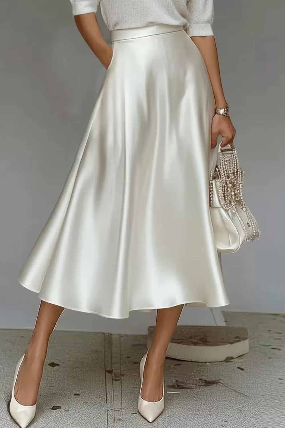 High-waist satin A-line midi skirt with pockets