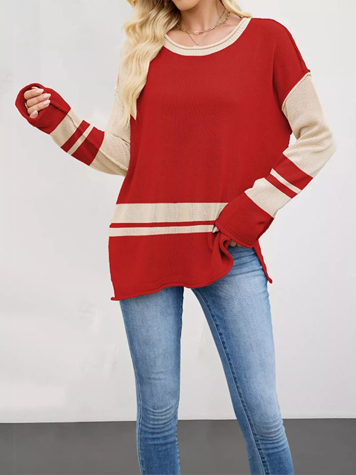 Red Striped colorblock drop shoulder sweater with side slits