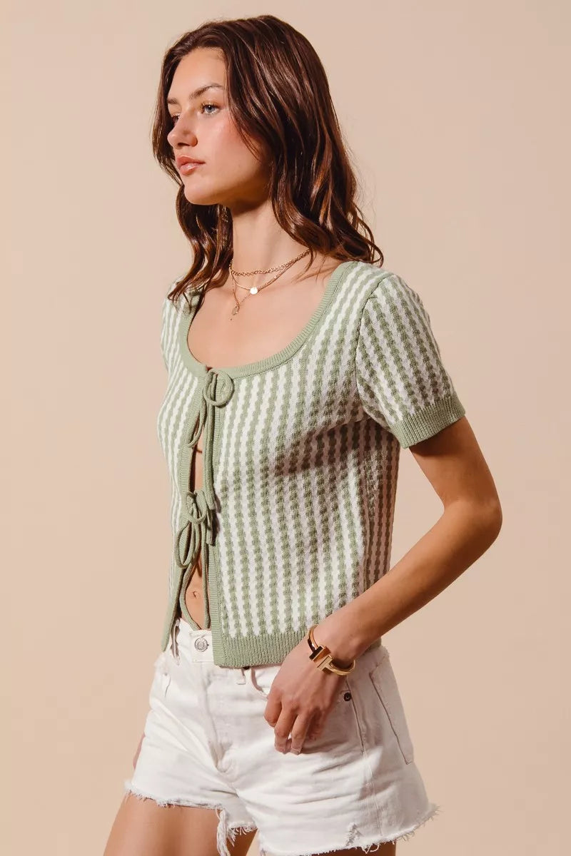 Tie-front striped short sleeve knit cardigan