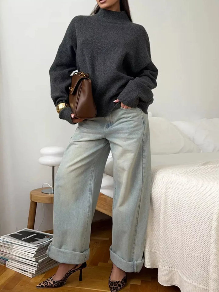Ribbed mock neck dropped shoulder knit sweater