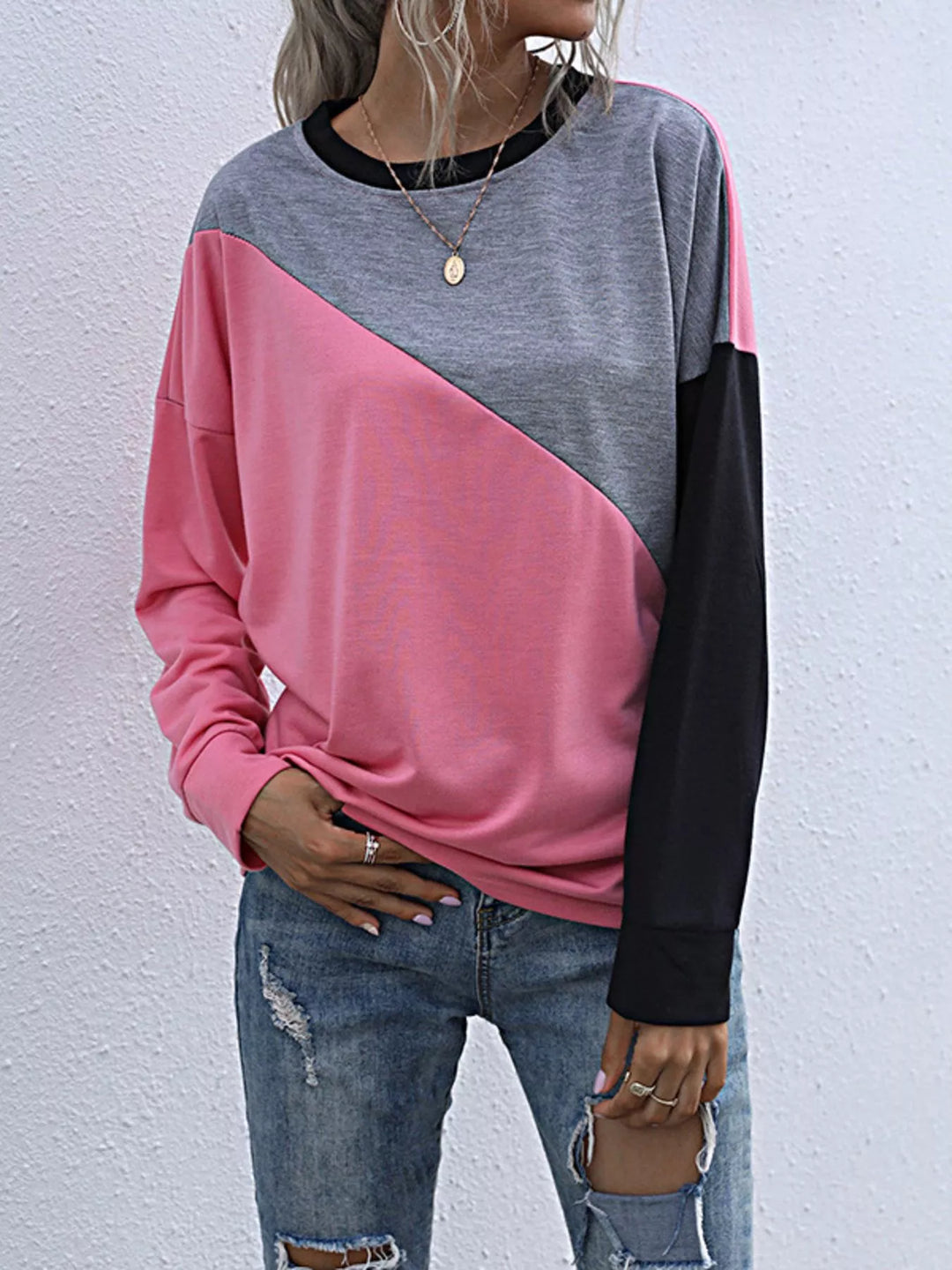 Color block crew neck sweatshirt with drop shoulders
