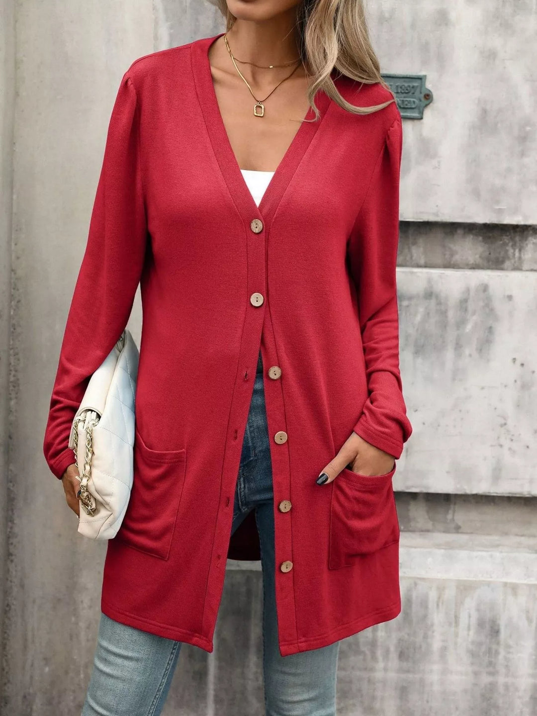 Longline V-neck button-front cardigan with patch pockets