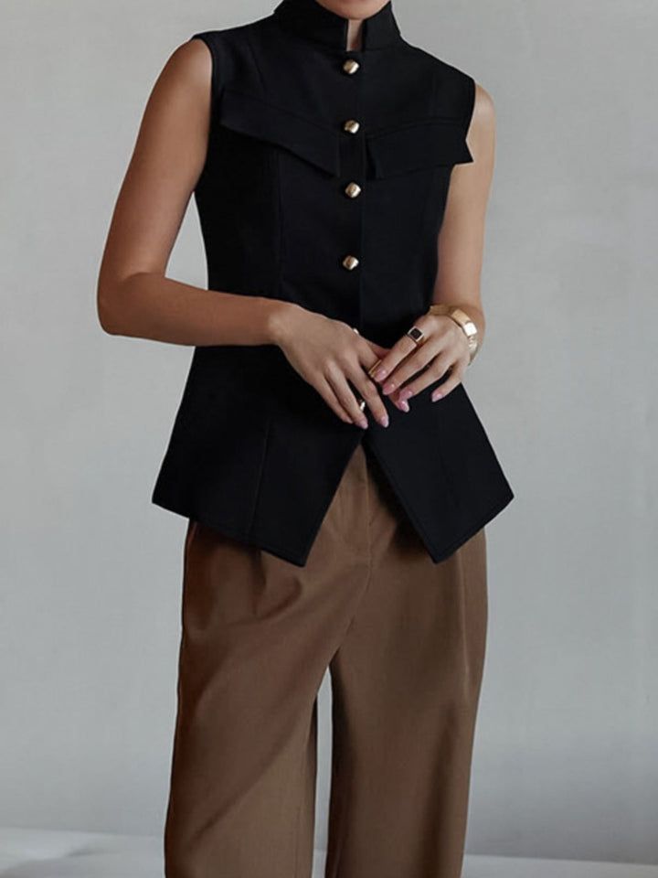 Stand collar sleeveless button-front vest with split hem