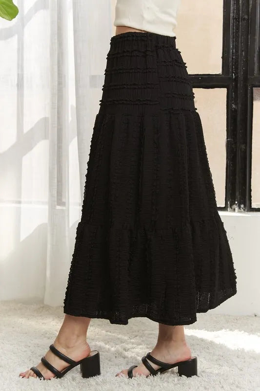 Tiered midi skirt with shirred elastic waistband