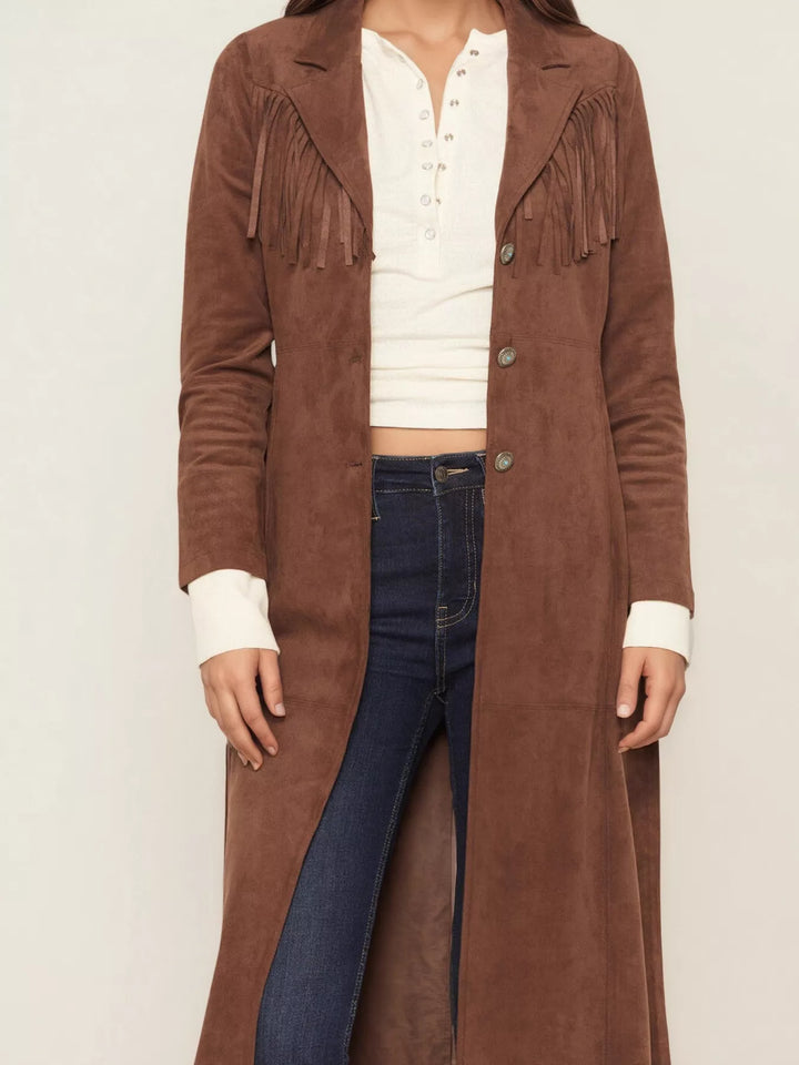 Fringe shoulder faux suede western duster coat