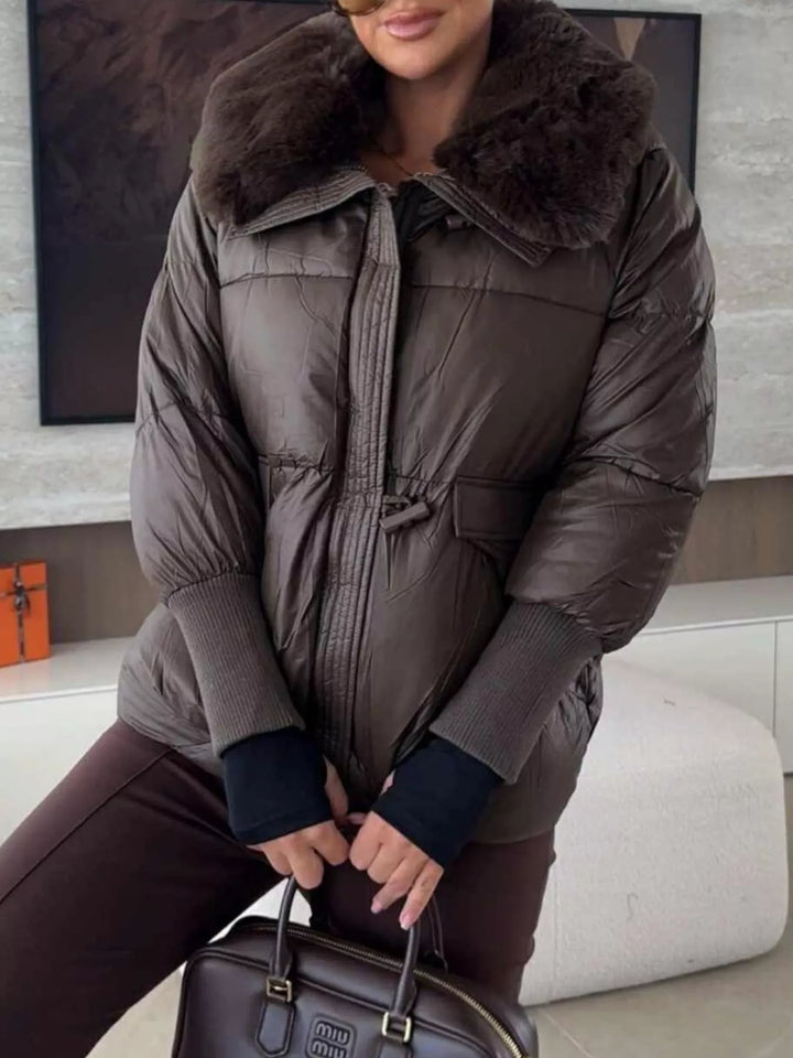 Glossy padded puffer jacket with faux fur collar