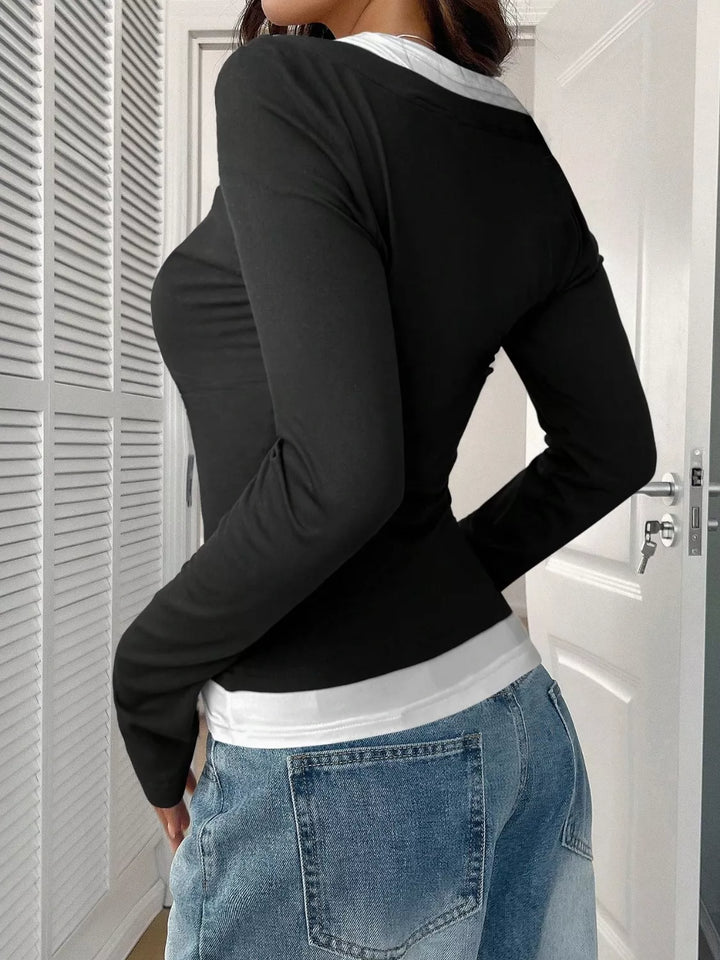 Fake two-piece contrast long sleeve henley top