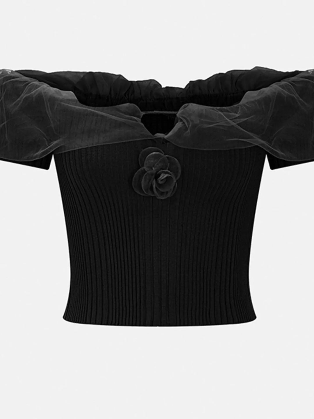 Black Ribbed off-shoulder crop top with ruffle trim and 3D floral detail