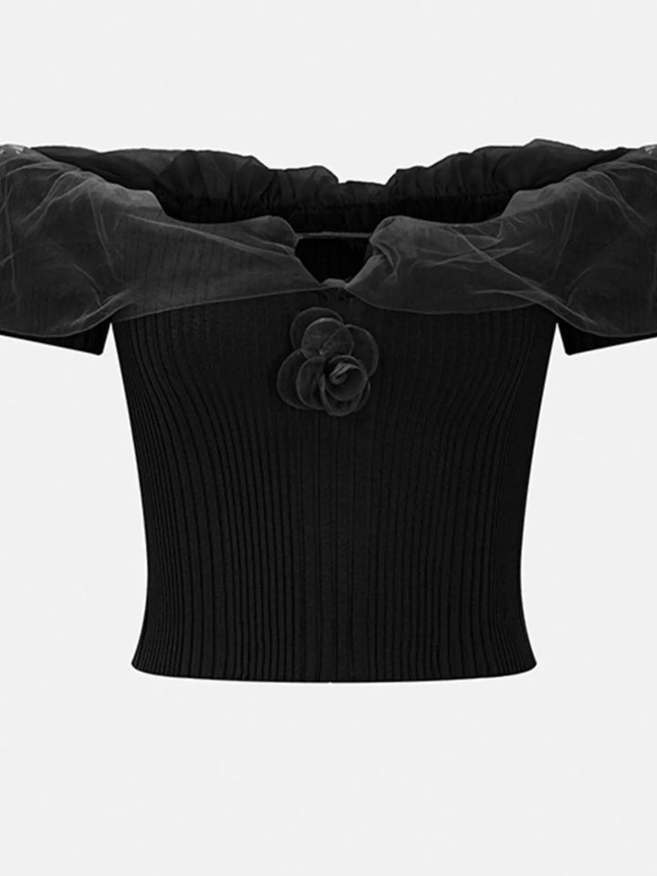Black Ribbed off-shoulder crop top with ruffle trim and 3D floral detail