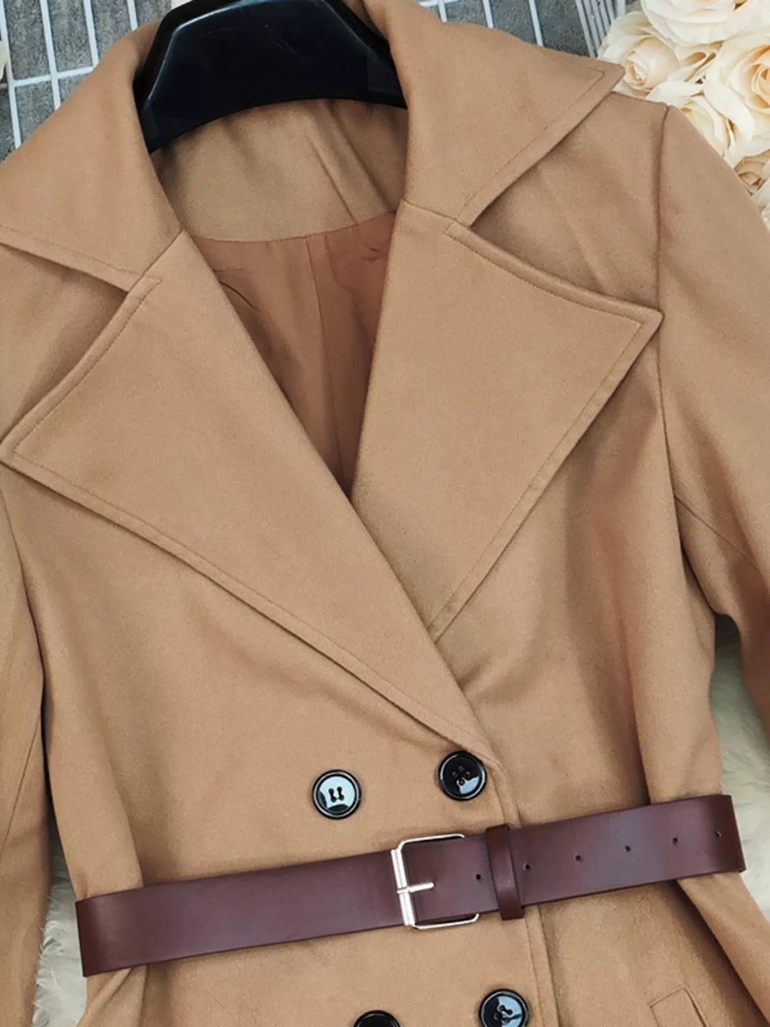 Double-breasted belted midi coat with notch lapel